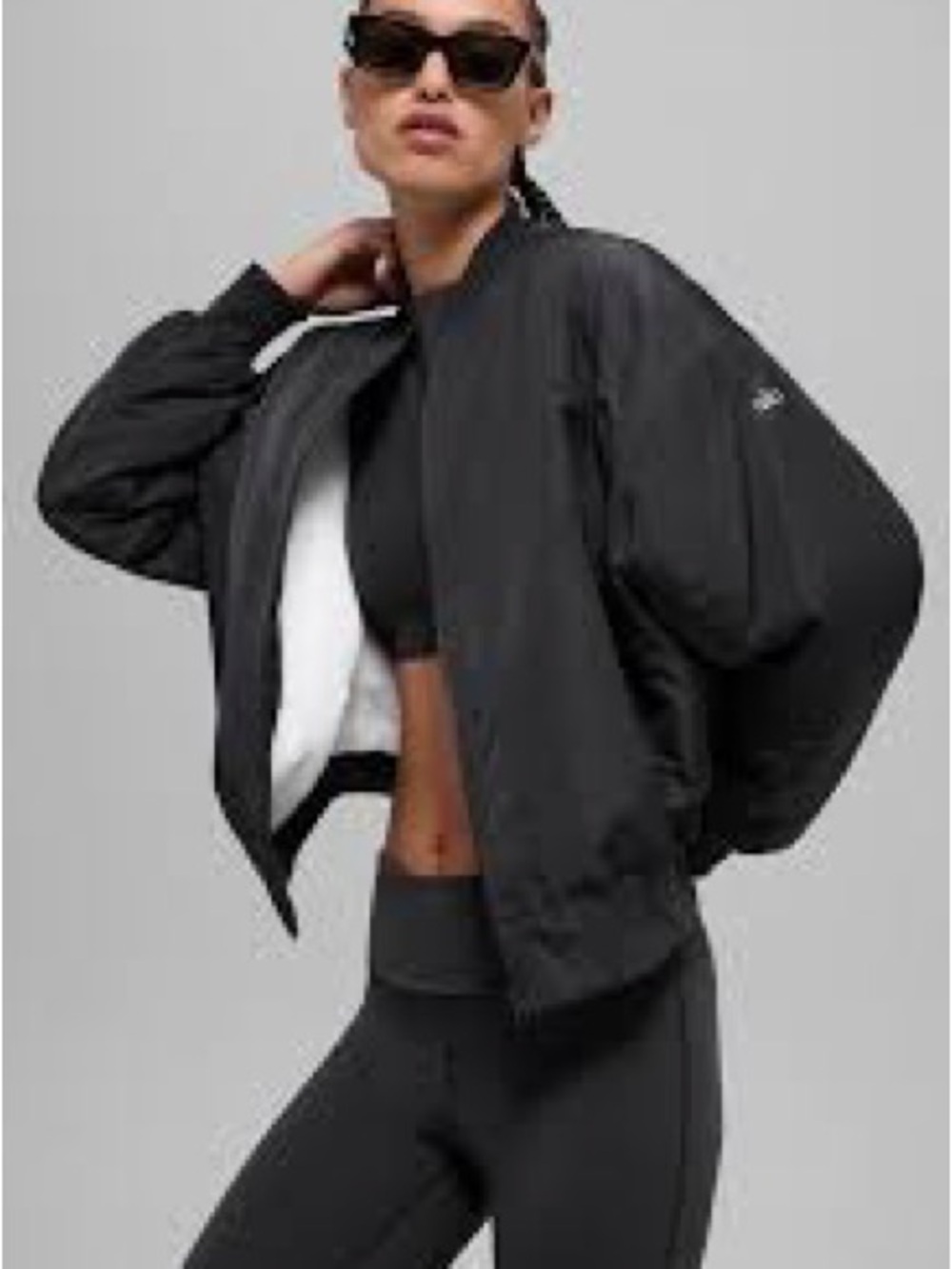 ALO Yoga Black Bomber Jacket with White Faux Fur Lining